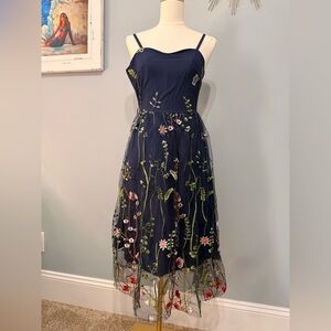 Navy Floral Embroidered Midi Dress